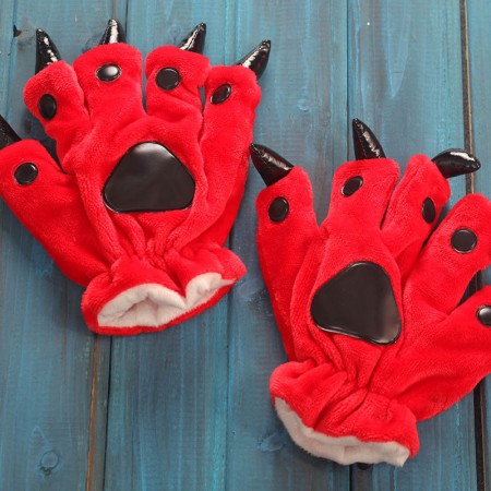 Red Kigurumi Unisex Onesies Animal Hands Paw Flannel Cartoon Gloves